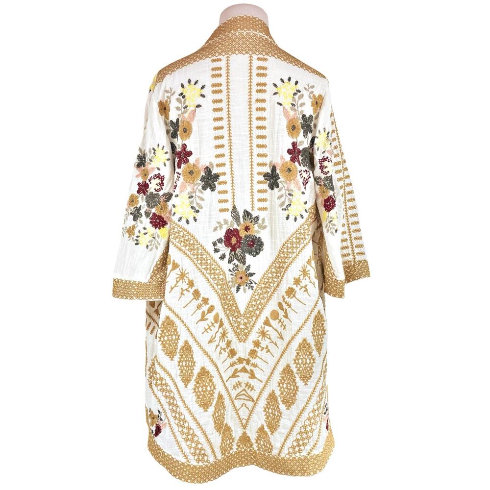TOLANI Floral Embroidered Cotton Lightweight Kimono Size XS/S White Tan Burgundy